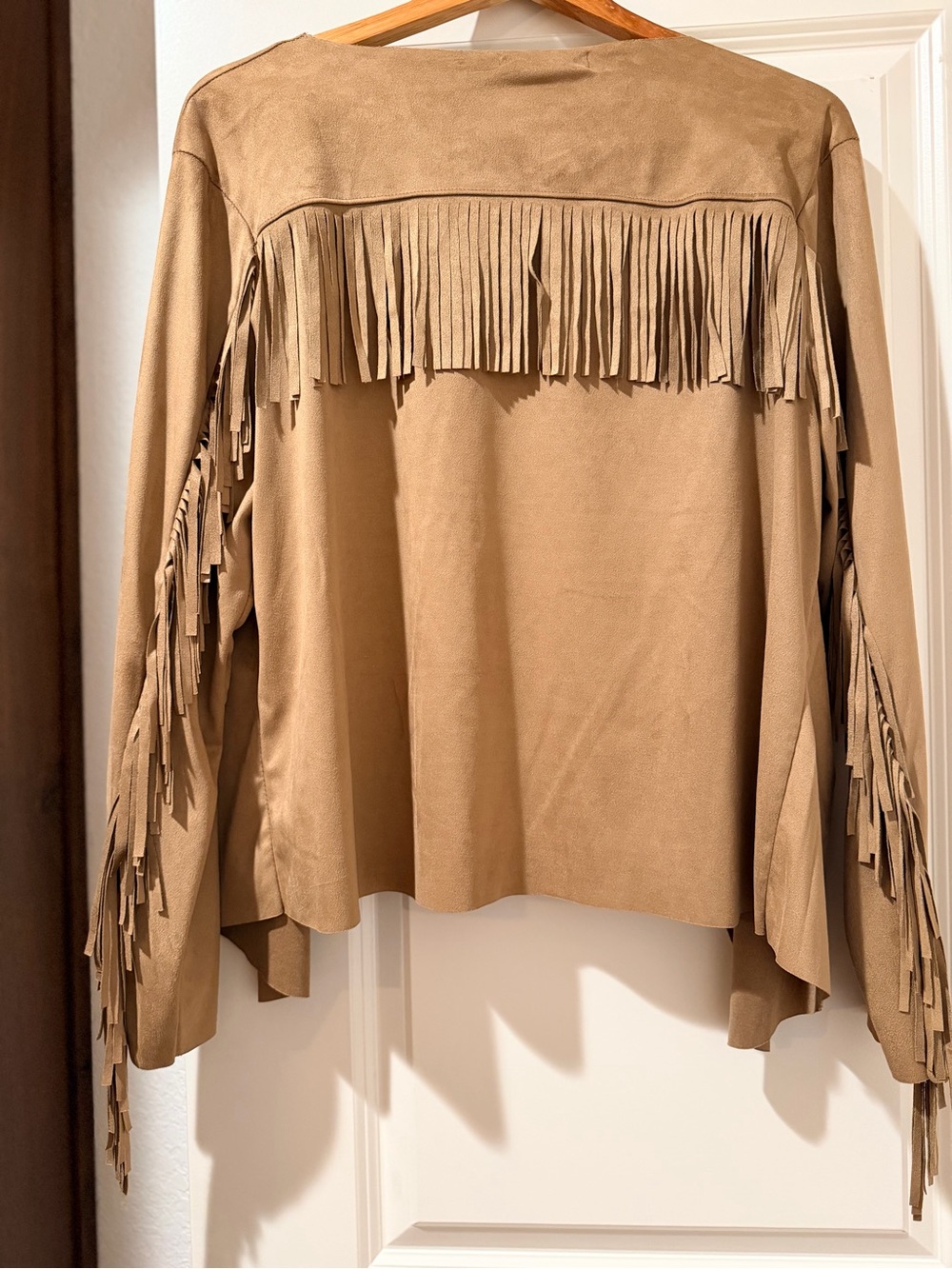 Say What? Women's Fringe Jacket in Tan